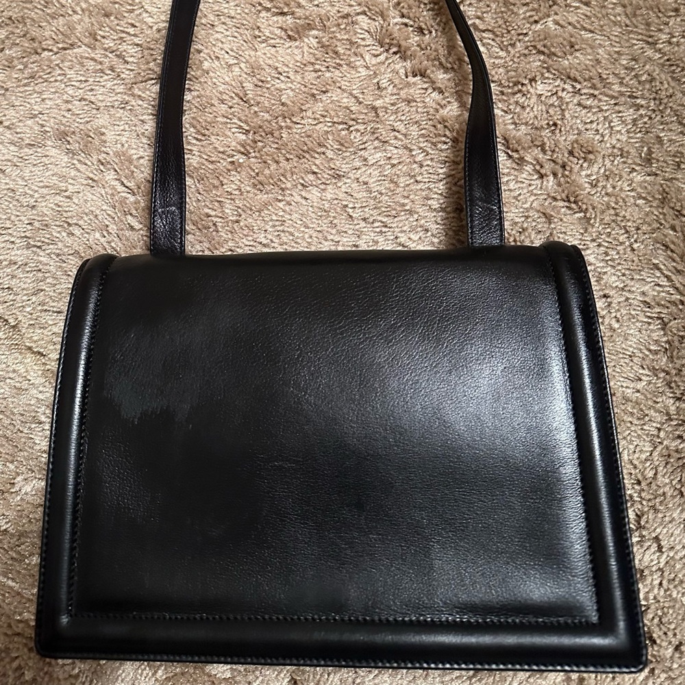 Vintage Frances Patiky Stein Black Leather Handbag and strap 1980s